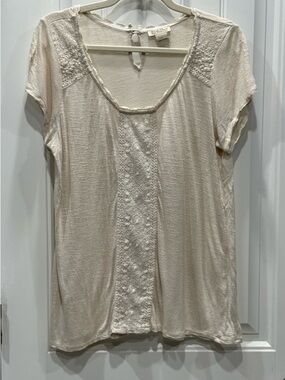 Lucky Brand Women’s Size Large Cream Lace Panel Short Sleeve Top GUC